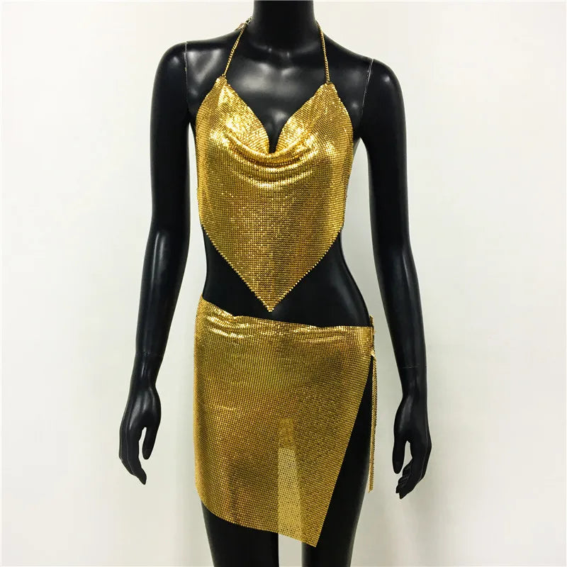 Sexy Metal Sequins 2 Piece Set Women Sleeveless Deep V Neck Backless Halter Tank Tops Split Mini Skirts Beach Party Outfits