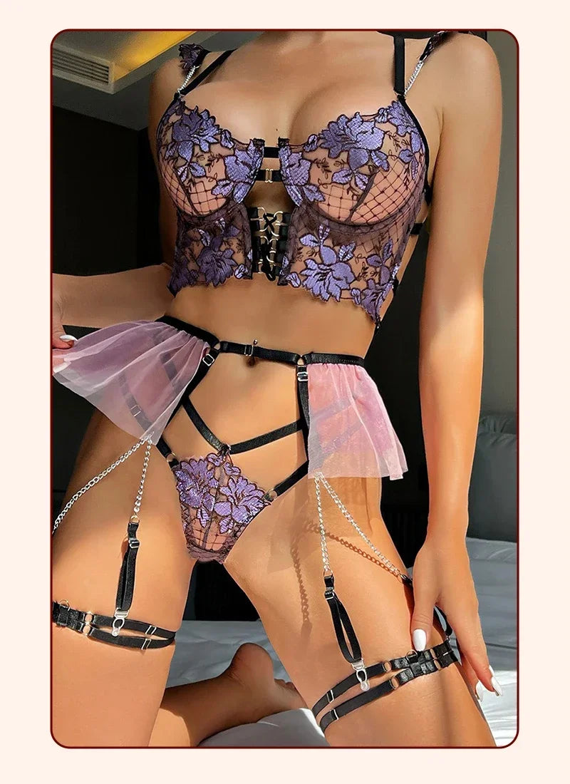 Erotic Lingerie for Women Sexy Set Underwear Floral Transparent Lace Bra and Panty Intimate Sets with Garter Outfits Bodysuits
