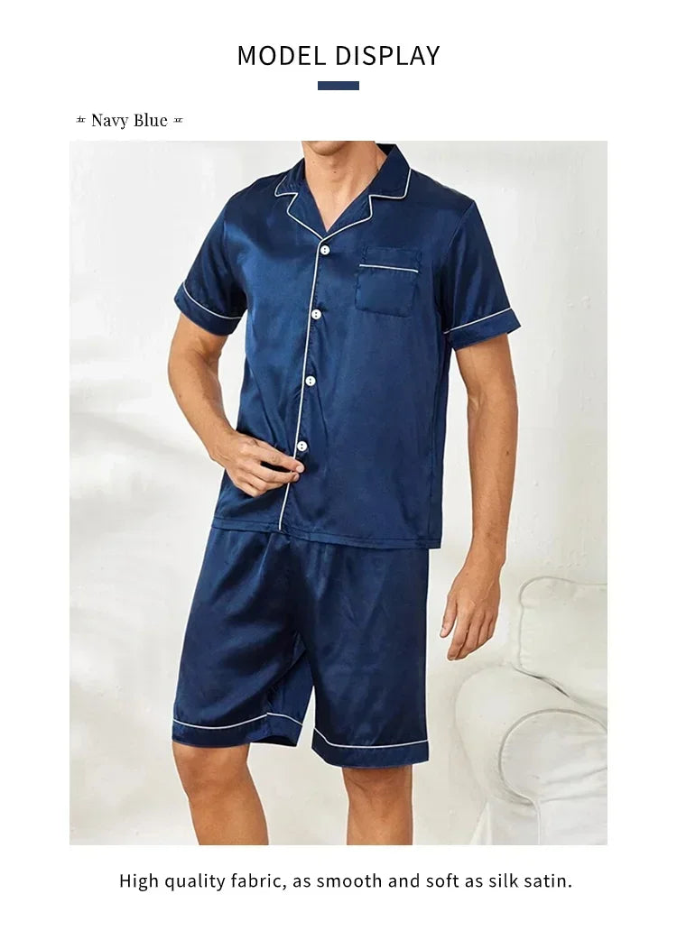 Plus Size Men's Pajama Set Faux Silk Lapel Cardigan Student Homewear Simple Short Sleeve Shorts Set Premium Feeling Solid Colour