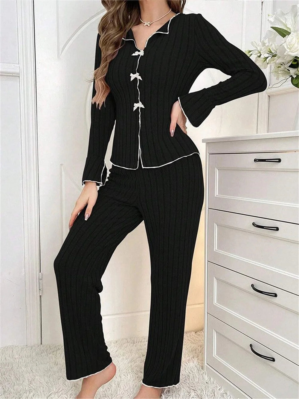 Ribbed Knit Pajama Sets Long Sleeve Lounge Set for Women  Button Top Full Length Pants 2 Piece Fall Casual Outfit Sets