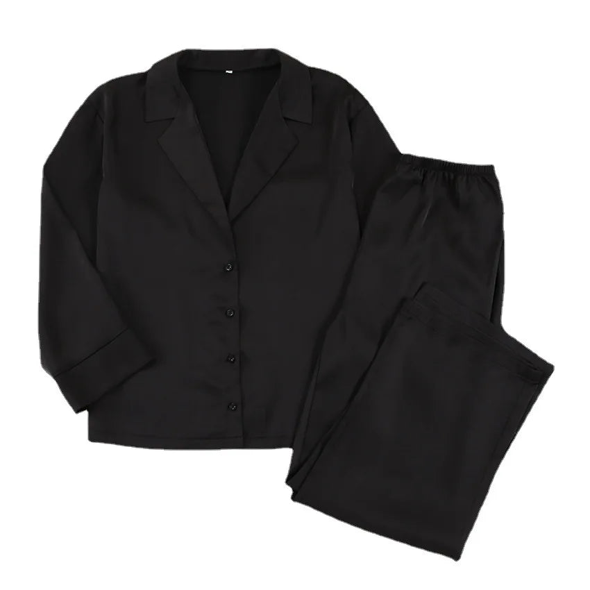 Two Pieces Women Pajama Sets Single Breasted Blouses Lounge Full Sleeve Spliced Straight Pants Casual Solid Lady Sleepwear