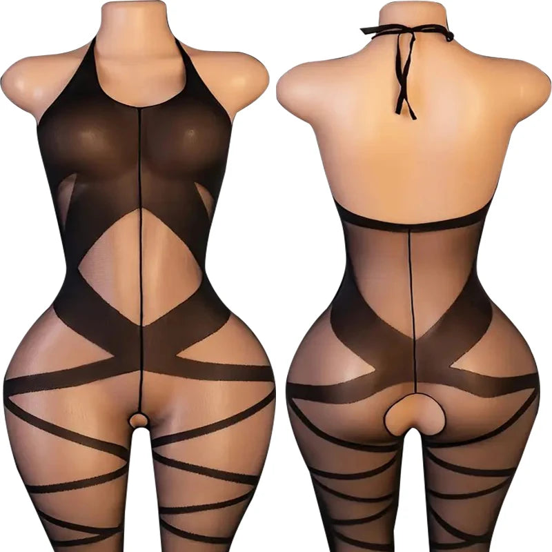 Erotic Open Buttocks Lingerie Women Fishnet Hollow Babydoll Dress Black Lace Bodystockings Sexy Halter Neck Baby Dolls Stockings