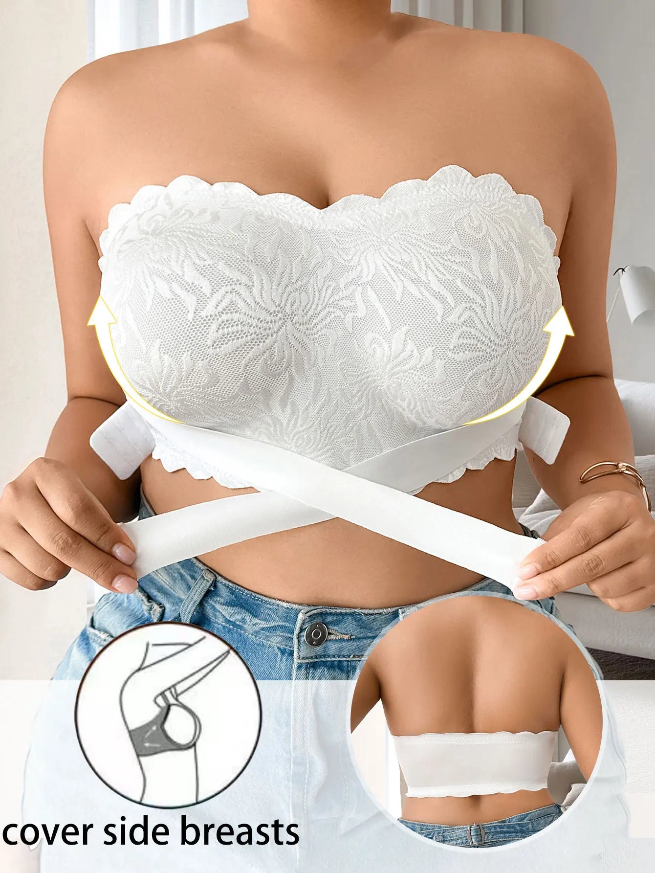 Strapless Bra 5XL Plus Size, Invisible Stick On Bustier with Lace & Adhesive, No Slip Backless Bra for Wedding Dress