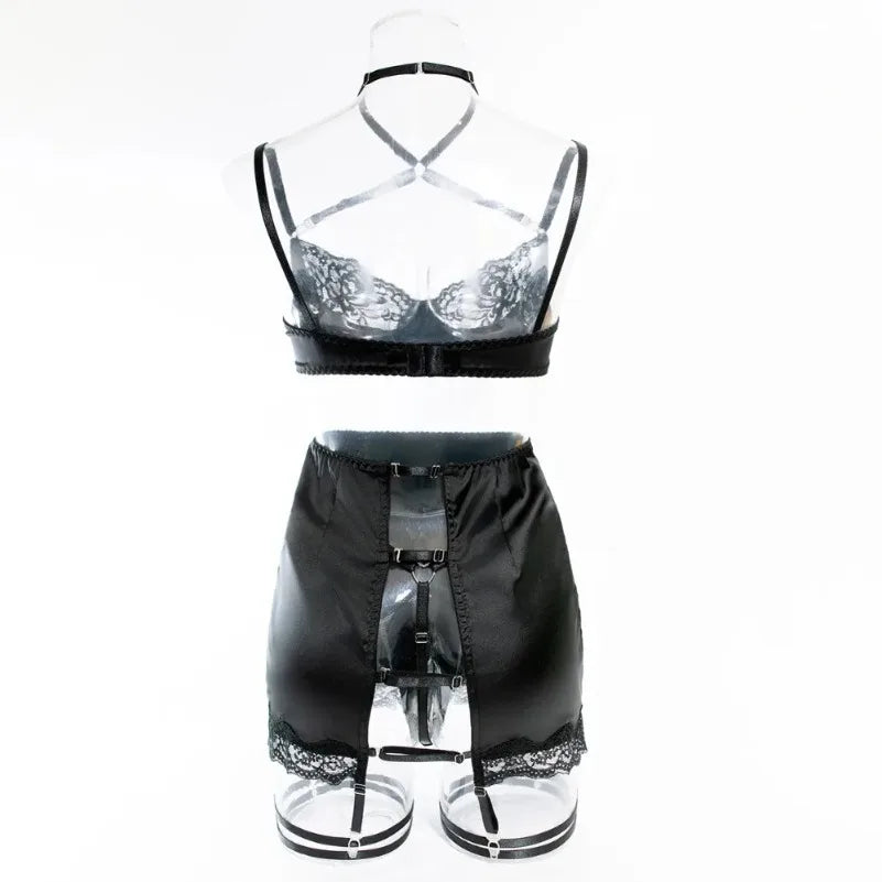 4 Pieces Sexy Lingerie Sets Women Hot Halter Lace Bra and Panty Garters Mini Skirt Set Sissy Erotic Costumes Romantic Underwear
