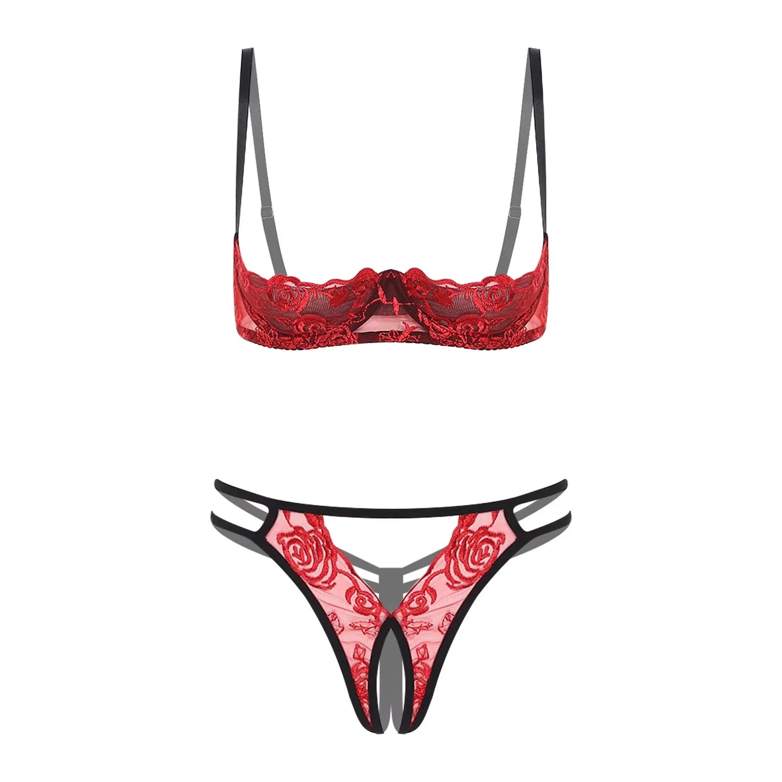 Womens Lingerie Bare Exposed Open Nipples Bra Underwear Set Floral Lace Brassiere 1/4 Cup Underwire Push-up Bralette Balconette