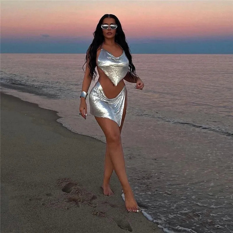 Sexy Metal Sequins 2 Piece Set Women Sleeveless Deep V Neck Backless Halter Tank Tops Split Mini Skirts Beach Party Outfits