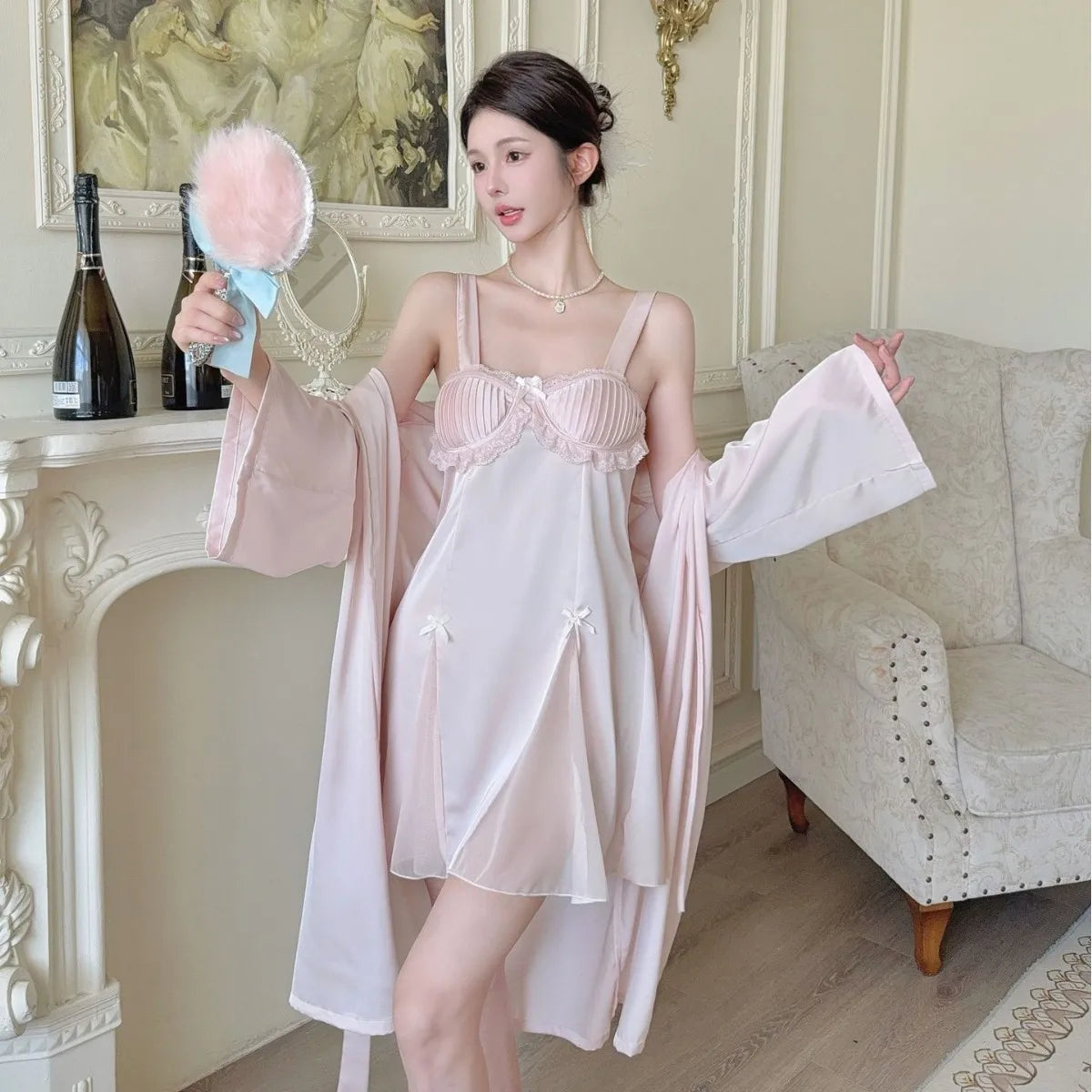 Sexy Women Robe Nightgown 2PCS Set Patchwork Lace Suspender Nightdress Lingerie Summer Sleepwear Home Dress Loungewear