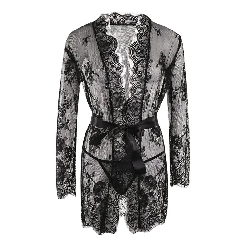 Women Sexy Lingerie Erotic Transparent V-Neck Lace Babydoll Nightwear Robe G-string Costume Kimono Sleepwear Dress