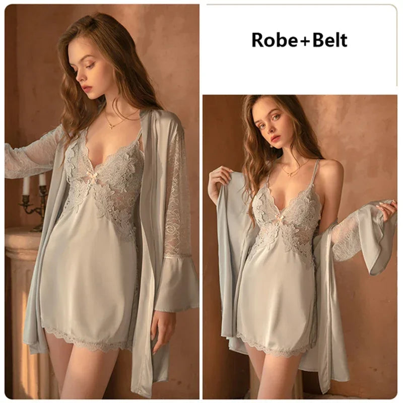 Women Sexy Lace Night Dress Sleepwear Robe Sets Lingerie Bridesmaid Gift Bathrobe Party Pajamas Nightgown Dressing Home Suit