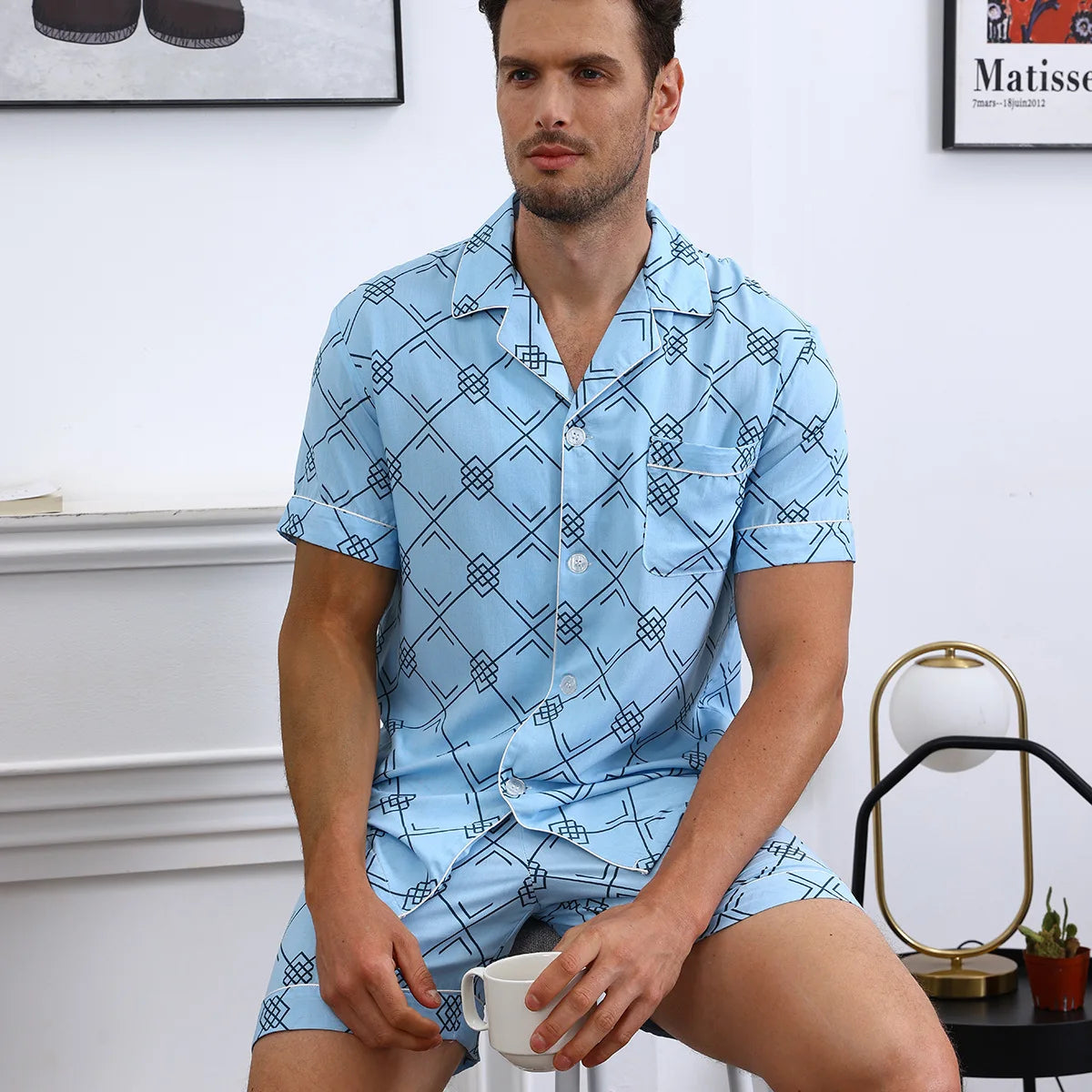 Summer New Cotton Silk Pijama Set Home Clothing Print Plaid Short Sleeve Pajamas Sleepwear Loose Casual Men Nightwear Loungewear