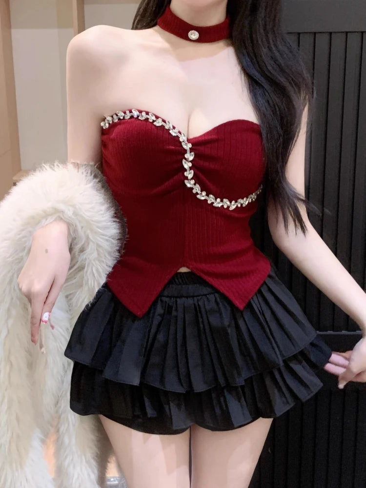 Sexy 2 Pieces Skirt Sets For Women Top And Bottom Clothing New Summer Clothes 2025 Luxury Designer Pleated Skirt Woman Outfit