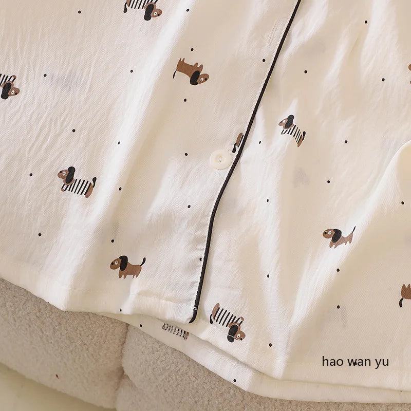 Pajama for Women Short Sleeves with High Luxury Feel Suitable for Outerwear Home Clothing Set Nightwear Homewear Small Dog Print