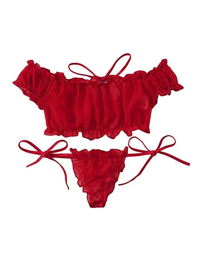 Women's Sexy Lingerie Set Mesh Lace Ruffle Cute Dot Transparent Bra and Panty Wireless Thong Bandage Exotic Sets
