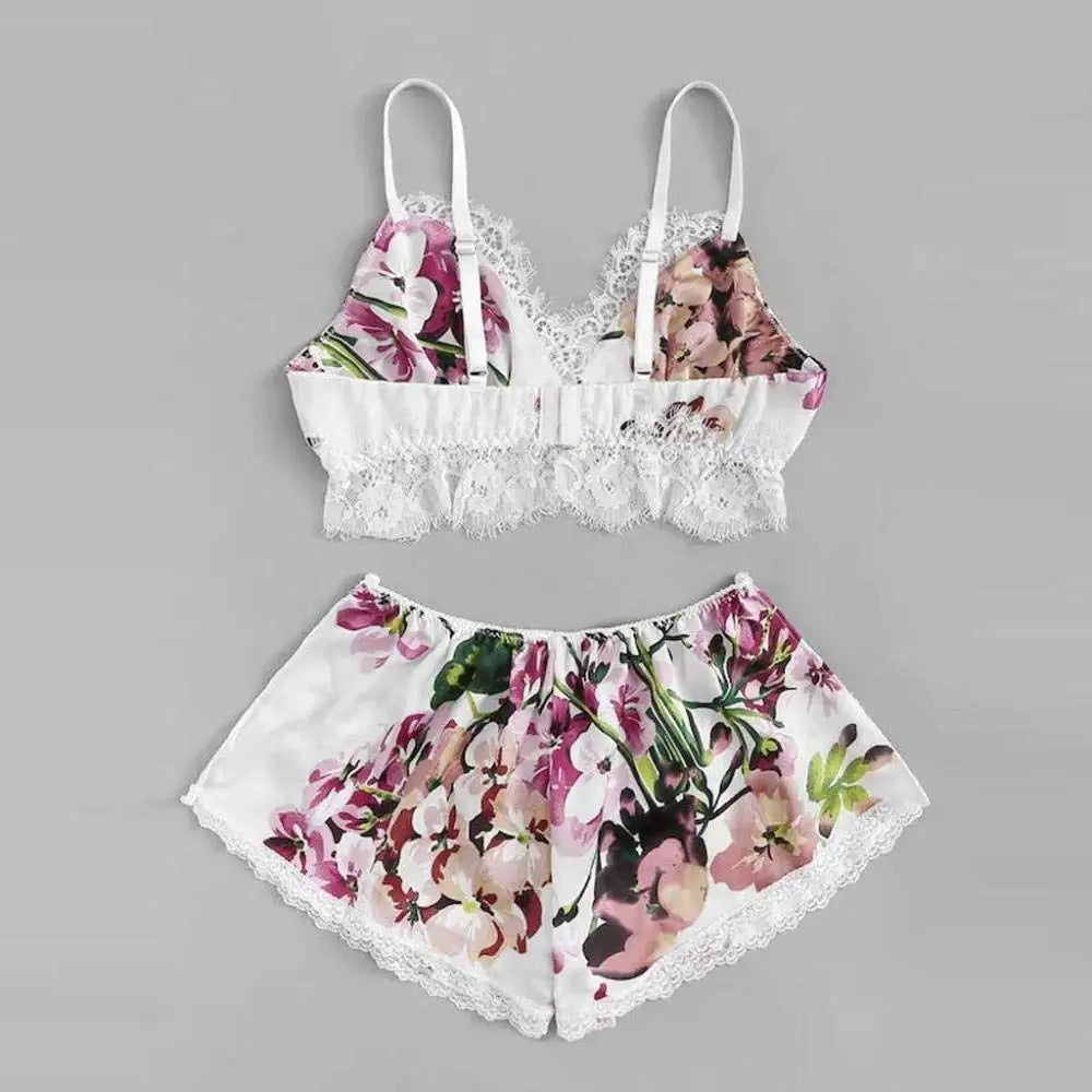 2 PCS Sexy Lace Lingerie Set for Women Floral Print Cami and Lace Strap Sleepwear Sexy Nightwear for Comfort and Seduction
