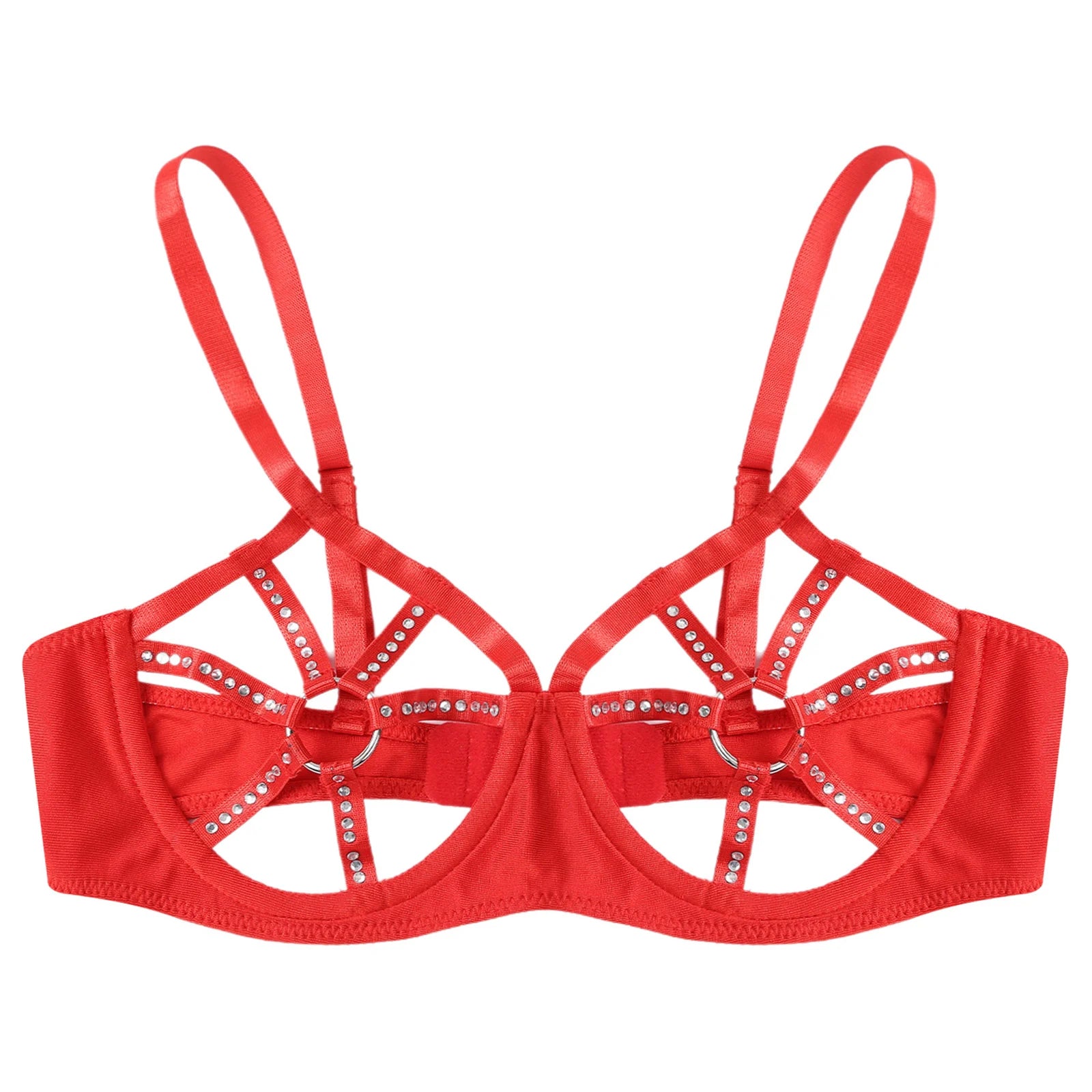 Womens Sexy Lingerie See Through Underwired Bra Balconette Adjustable Straps Shiny Rhinestones O-ring Cutout Cup Push Up Bra Top