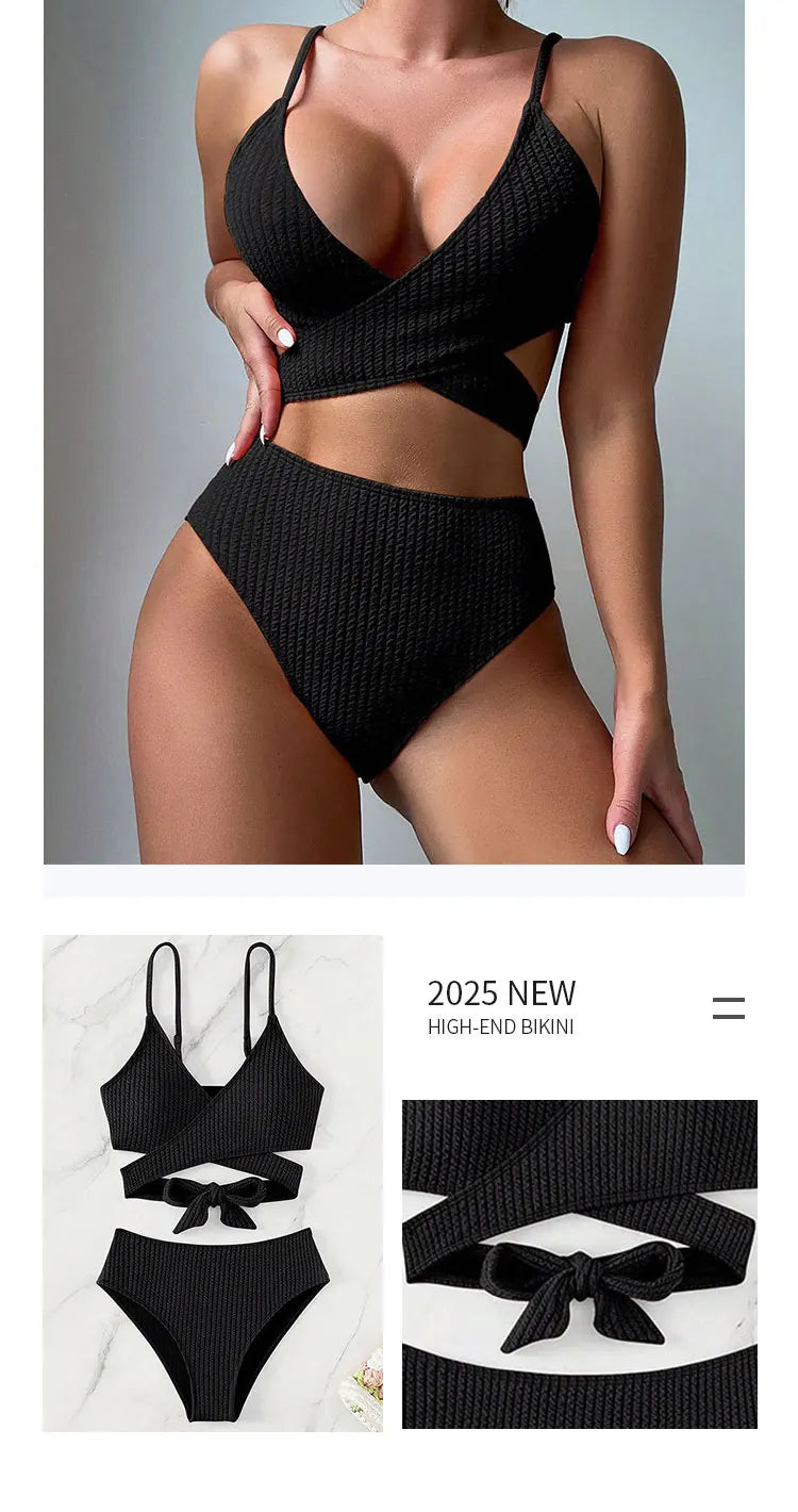 Solid Color striped Sexy Bikini set Women's Separate Swimwear Strap Design Swimwear Fashionable Beachwear Sexy lingerie Trikini