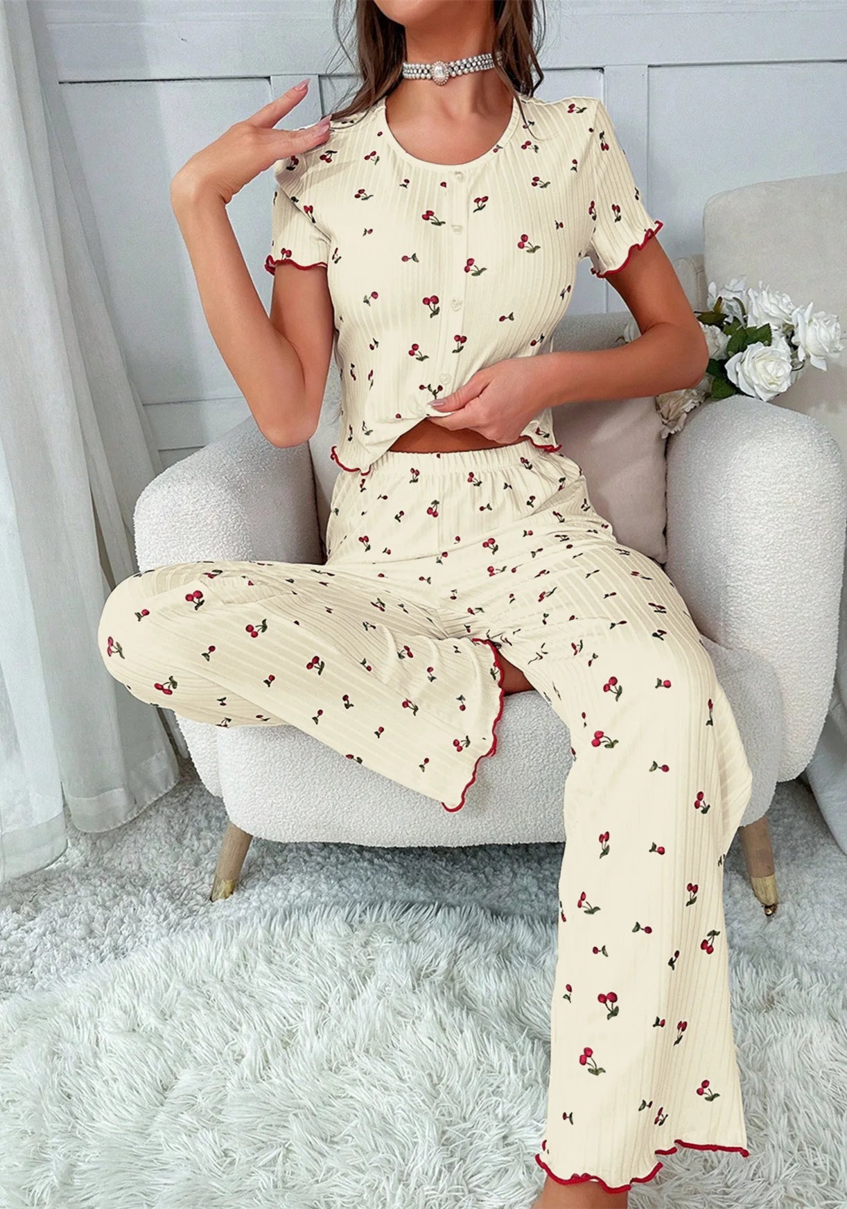 Comfortable pajama set, featuring a Cherry  printed short sleeved top and elastic waistband with lotus edges