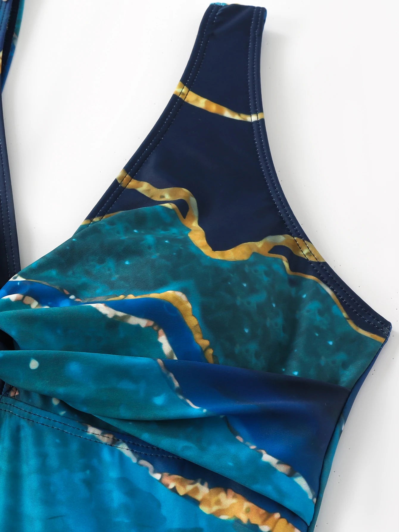 Women's One-Piece Swimsuit with V-Neck and Cross-Tie, Sexy and Elegant, Tummy-Concealing and Slimming, Popular European and American Style, Blue Marble Print Two-Piece Set with Mesh Overlay, Tie-Up, and Draped Skirt