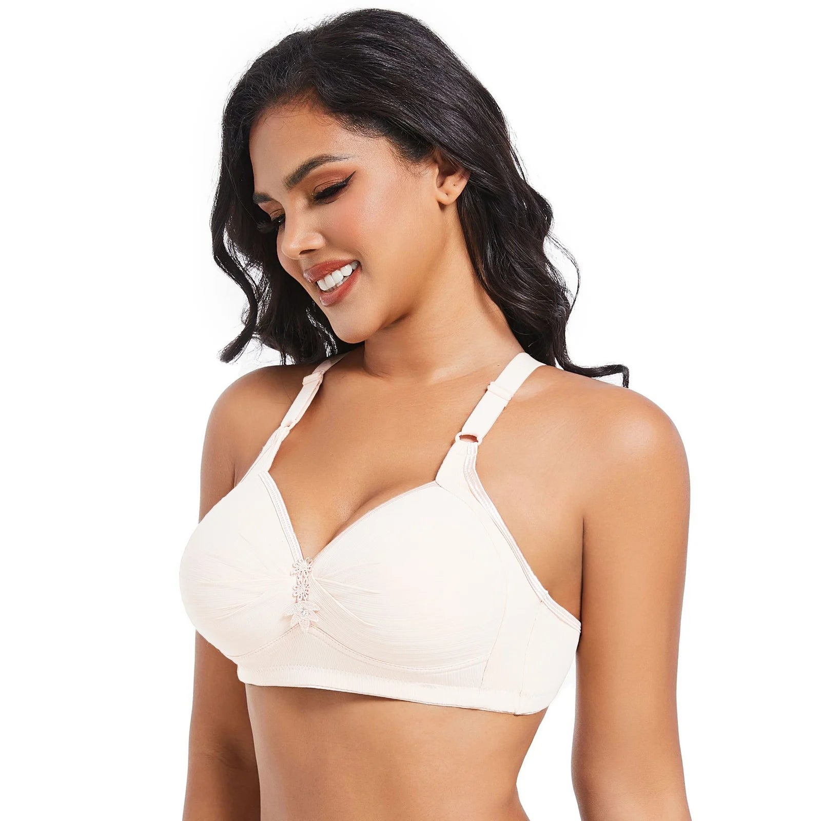 Elegant Skin Tone Textured Bra Chic Wireless Full Coverage Underwear Stylish Push Up Rhinestone Detail Lingerie Women