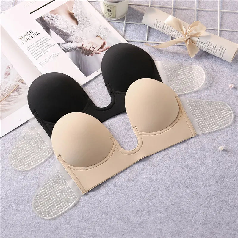 Strapless Bras Invisible Push Up Bra Silicone Brassiere Deep U Underwear Dress Wedding Party Sticky Self-adhesive