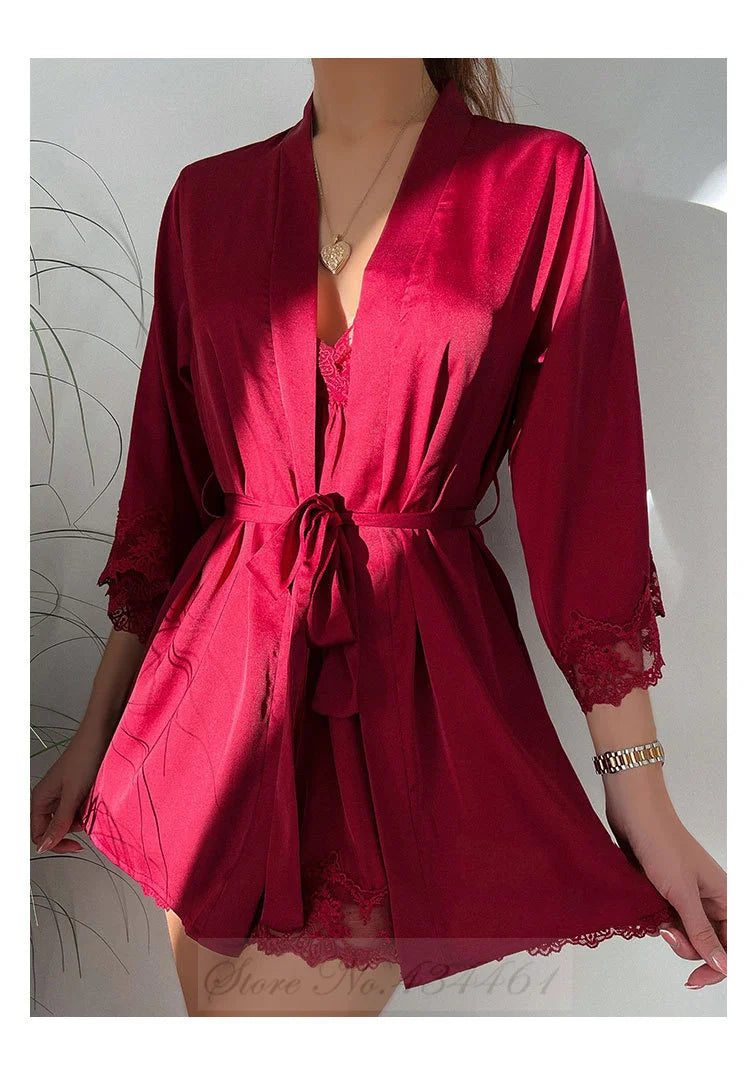Sexy Lace Twinset Robe Set Nightgown Silky Satin Home Dress Lounge Wear Summer Female Sleepwear Kimono Bathrobe Gown Lingerie