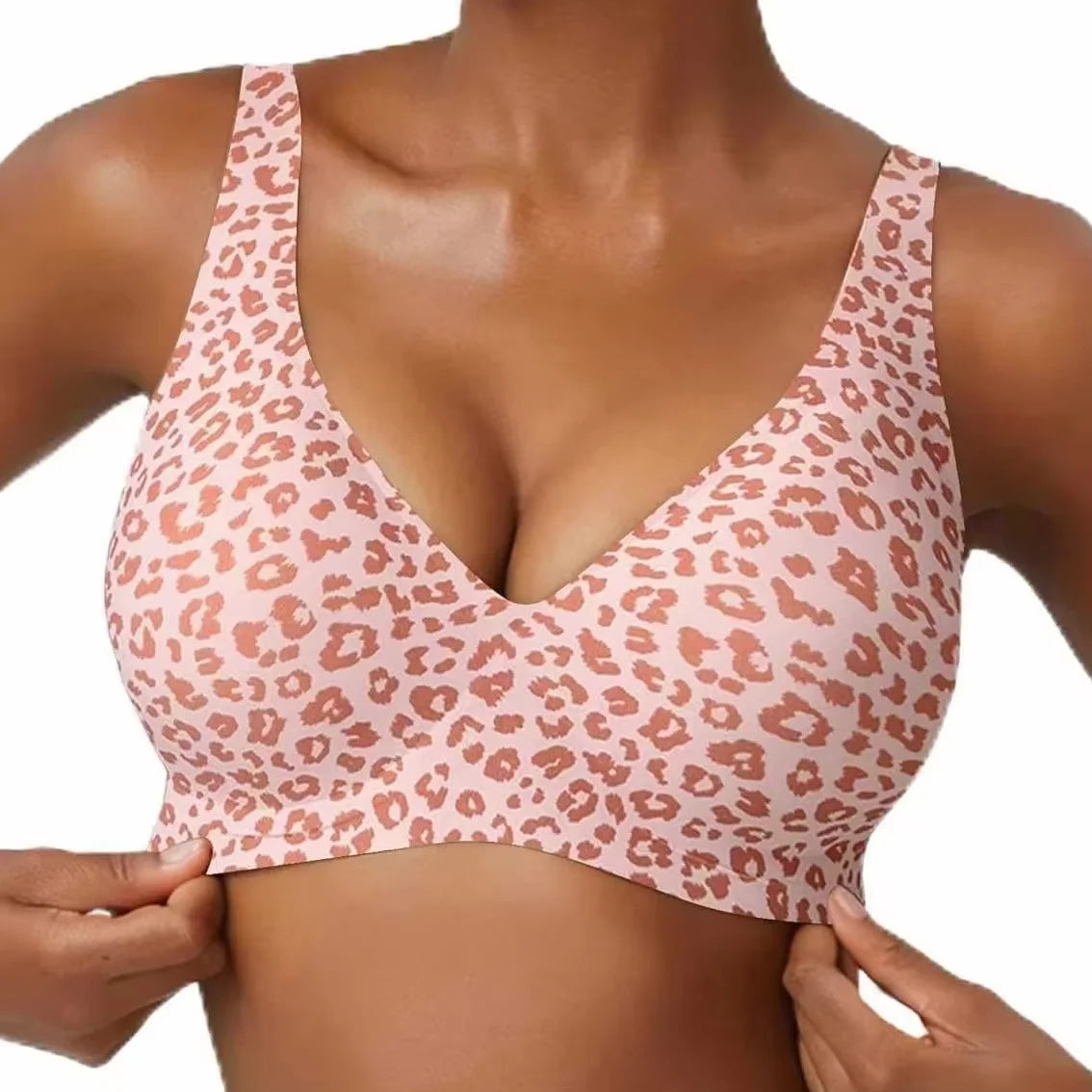 Pink Leopard Deep V Push Up Jelly BrasWireless Supportive Bra No Underwire Comfortable Bras Plunge Seamless Bralette