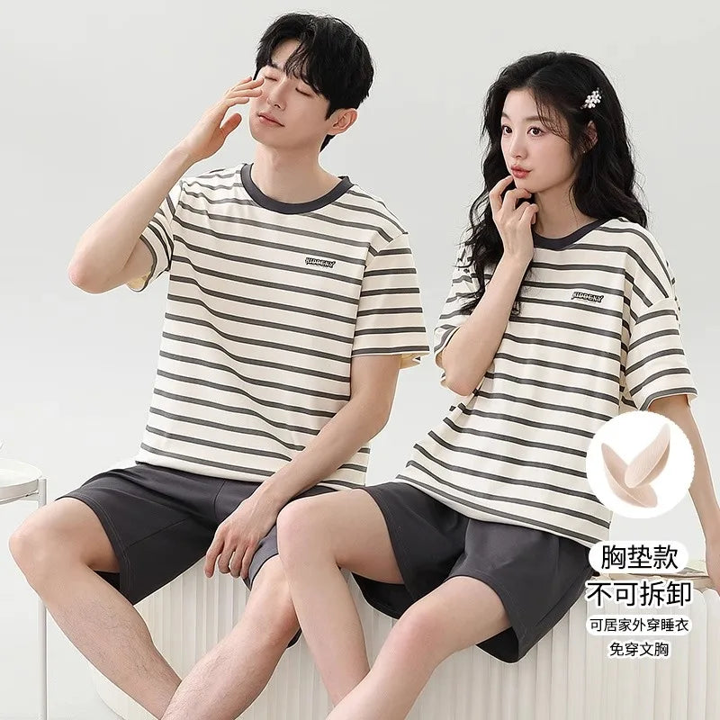 Lovers Pajama Set Cotton Cartoon Cute Nightwear For Men Women Homewear Plus Size Summer Thin Pyjamas Couples Pjs Loungewear