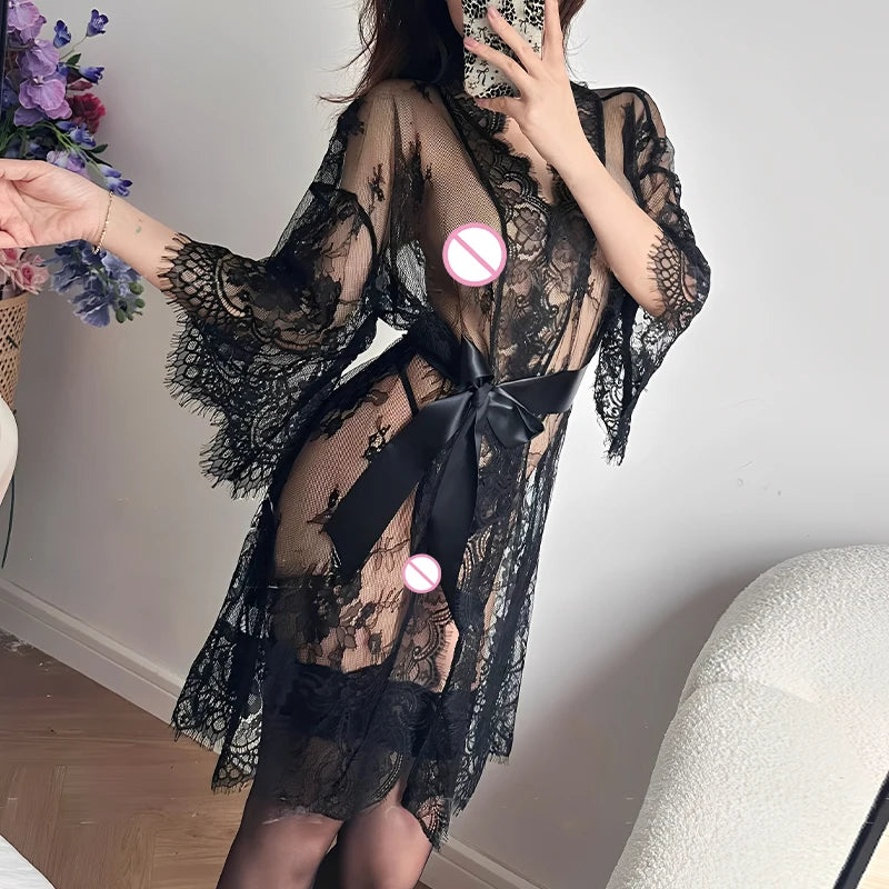 Lace Sleepwear Dress Robe Kimono Women Sexy Lingerie Transparent V-Neck Nightwear Babydoll Erotic Robe G-string Costume