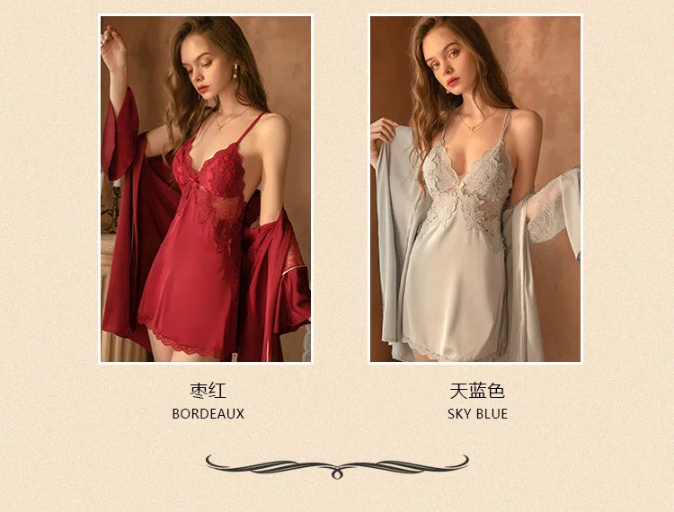 Women Sexy Lace Night Dress Sleepwear Robe Sets Lingerie Bridesmaid Gift Bathrobe Party Pajamas Nightgown Dressing Home Suit