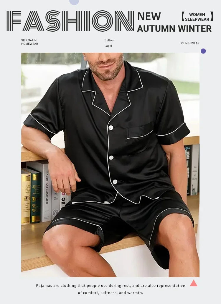 Men's pajamas set for summer short sleeve pocket button down shirt & Shorts Pyjama loungewear set sleepwear pijama home clothing