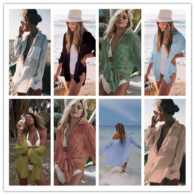 Beach Coverup for Women, Swimsuit Coverup Long Sleeve, Linen Bikini Cover Up Shirt, Bathing Suit Cover Ups for Pool