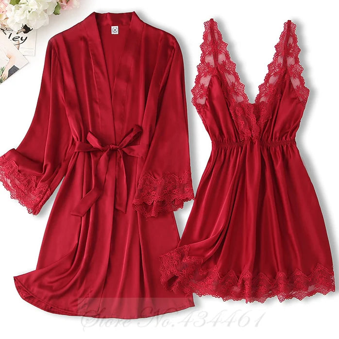 Sexy Lace Twinset Robe Set Nightgown Silky Satin Home Dress Lounge Wear Summer Female Sleepwear Kimono Bathrobe Gown Lingerie