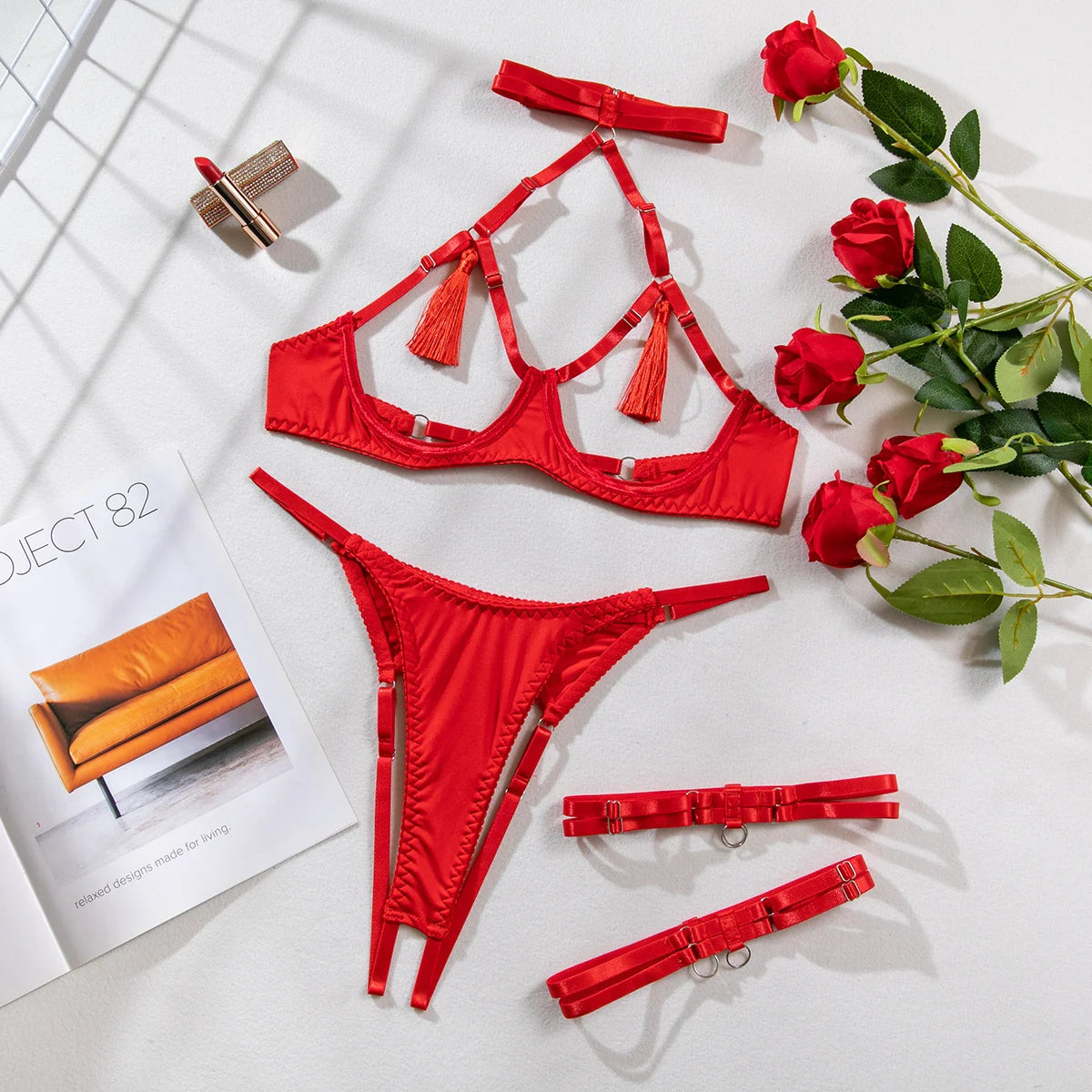 Tassel Lingerie Set Women Halter Cut Out Sexy Intimate Naked Crotchless Panties Exotic Sets Open Bra Back Open Brief Kit
