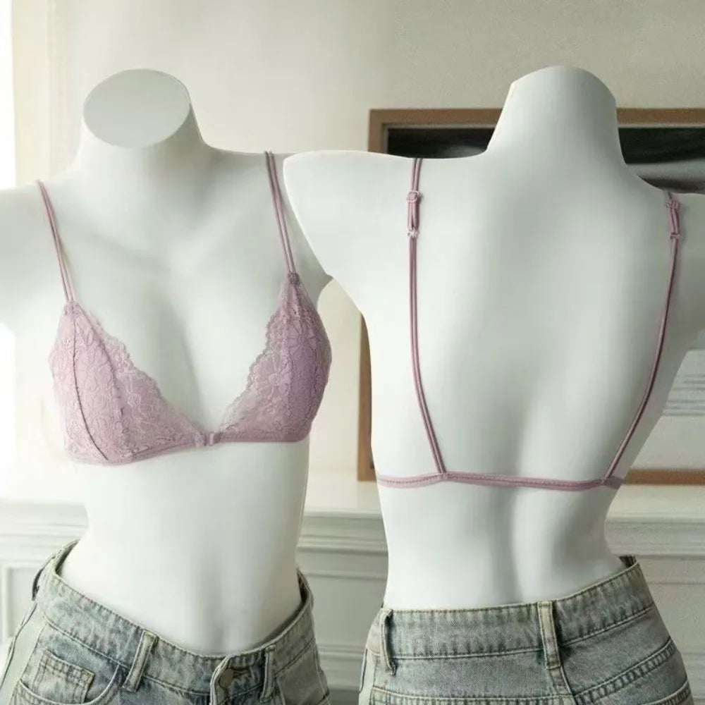 Ultra-thin Shoulder Strap Lace Wireless V Bra Front Button Lingerie Shockproof Brassiere for Women Gathered Breasts Seamless