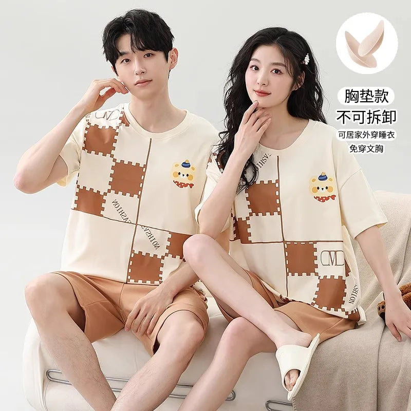Lovers Pajama Set Cotton Cartoon Cute Nightwear For Men Women Homewear Plus Size Summer Thin Pyjamas Couples Pjs Loungewear