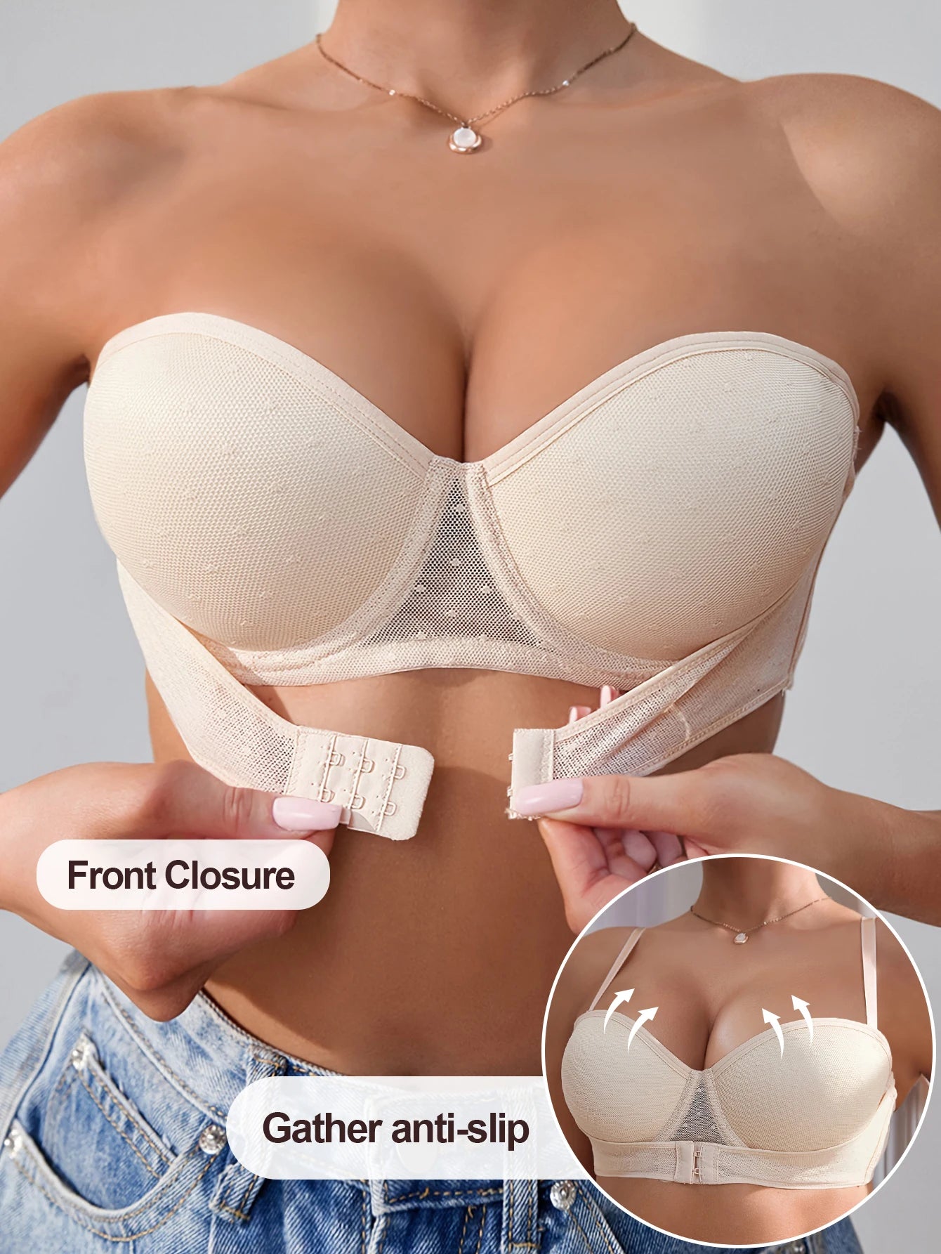 Front-fastening strapless bra with removable straps Back closure design ideal for off-the-shoulder and spaghetti-strap outfits