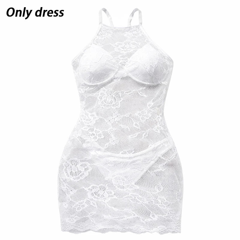 Lingerie Women Lace Rose Hollowed-out Nightgown Transparent Bodycon Dress