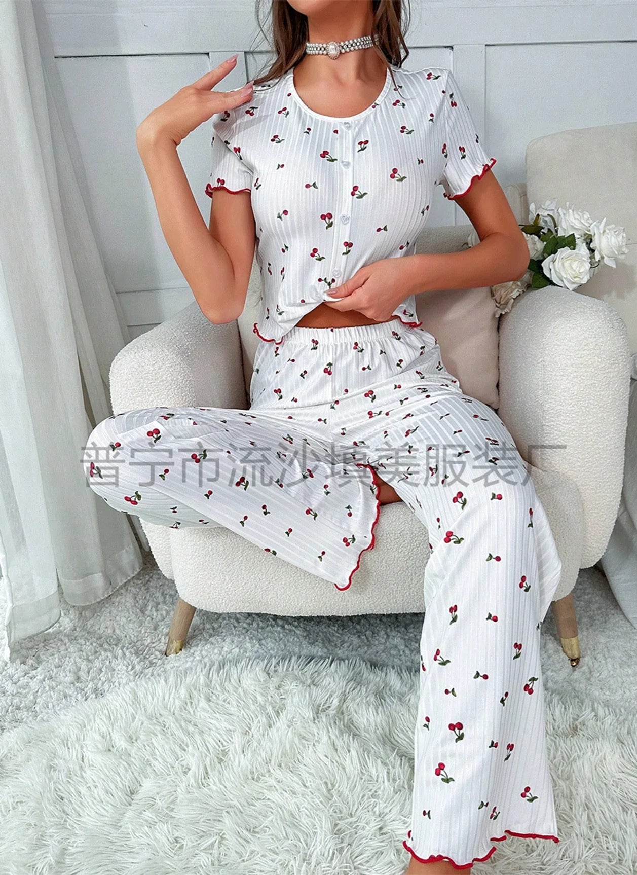 Comfortable pajama set, featuring a Cherry  printed short sleeved top and elastic waistband with lotus edges