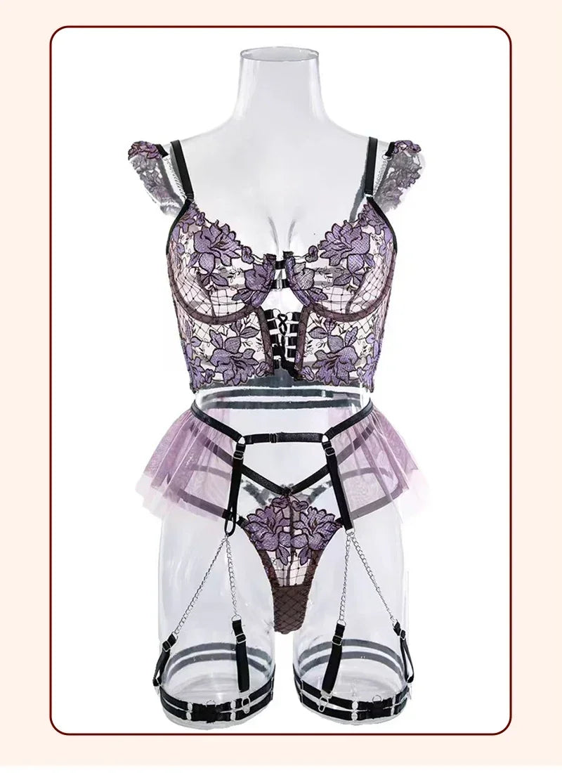 Erotic Underwear Floral Transparent Lace Bra and Panty Intimate Sets with Garter Outfits Bodysuits Women Sexy Lingerie Set