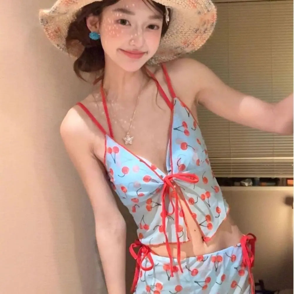 Cover-Ups Pure Color Cherry Bikini Set Push Up Mesh Lace Up Four Piece Set Print Pattern Wrap Skirt Sexy Swimwear Beach Wear