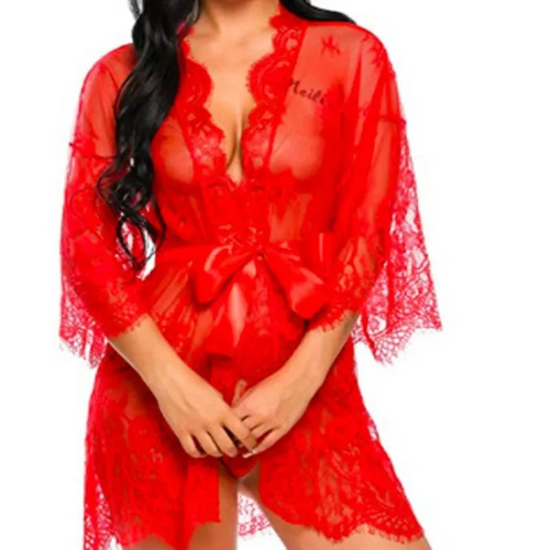 Plus Size Women Sexy Lingerie Robe  Porno Sleepwear Nightgown Lace See Through Dress Transparent Babydoll Erotic Nightwear Set