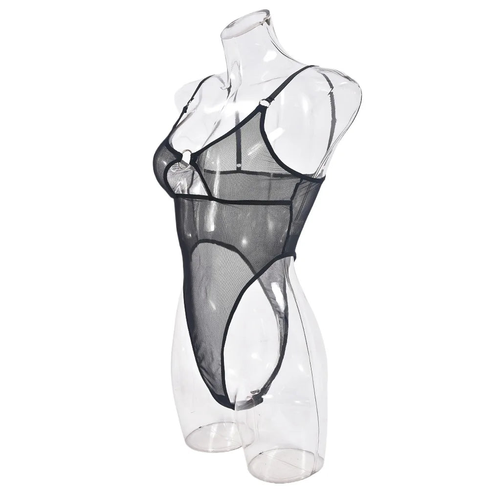 Sheer Mesh Bodysuit Open Back Lingerie Sexy See-Through Teddy Cut Out Front Daring Provocative Underwear Bodysuit for Women