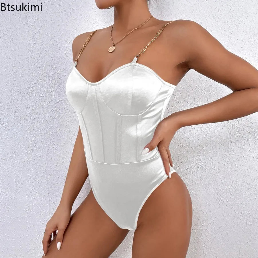 2026 Bodysuit Female Short Jumpsuit Lingerie Black White Elegant Coquette Chic Sexy Fashion Chain Backless Camisoles One-pieces