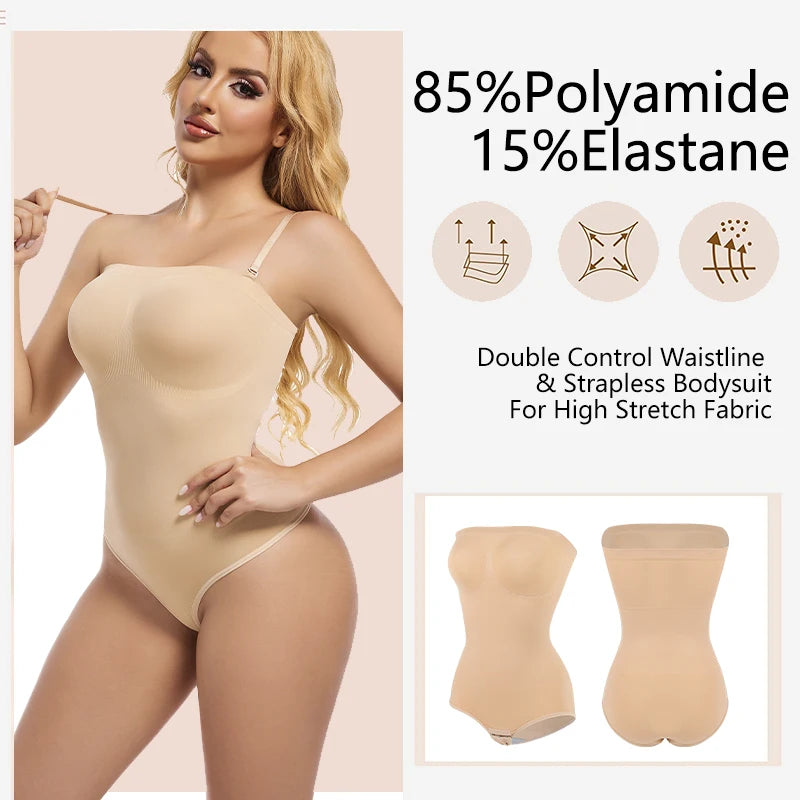 Strapless Shapewear Bodysuit Off the Shoulder Seamless Tummy Control Body Shaper Removable Shoulder Strap Sexy Leotard
