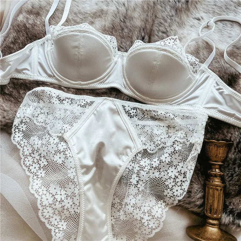 Elegant Sexy  Sheer Lace Balconette Minimizer Bra Set Underwire Push Up Anti-Sagging Side Support Bridal Lingerie for Big Bust