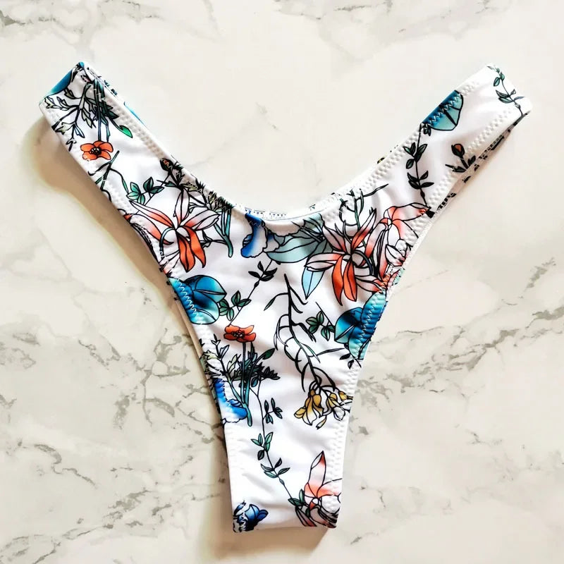 New Floral Print Brazilian Bikini Bottom Women's Swimwear High Waisted Sexy V Thong Swimsuit Bathing Suit Women Swimwear Women