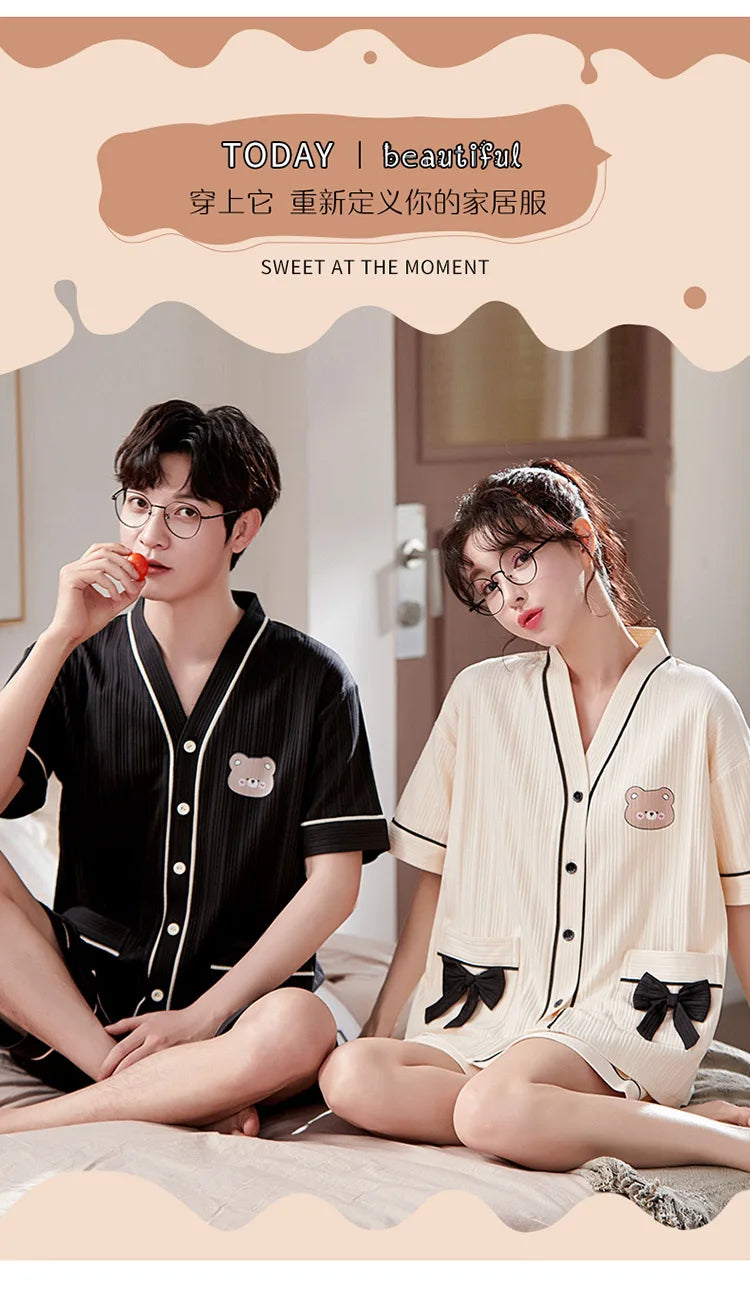 Summer Couple Pajamas Sets Cartoon Men Sleepwear Leisure Cotton Short Sleeve Women Kimono Homewear pijama Homme Mujer Dropship