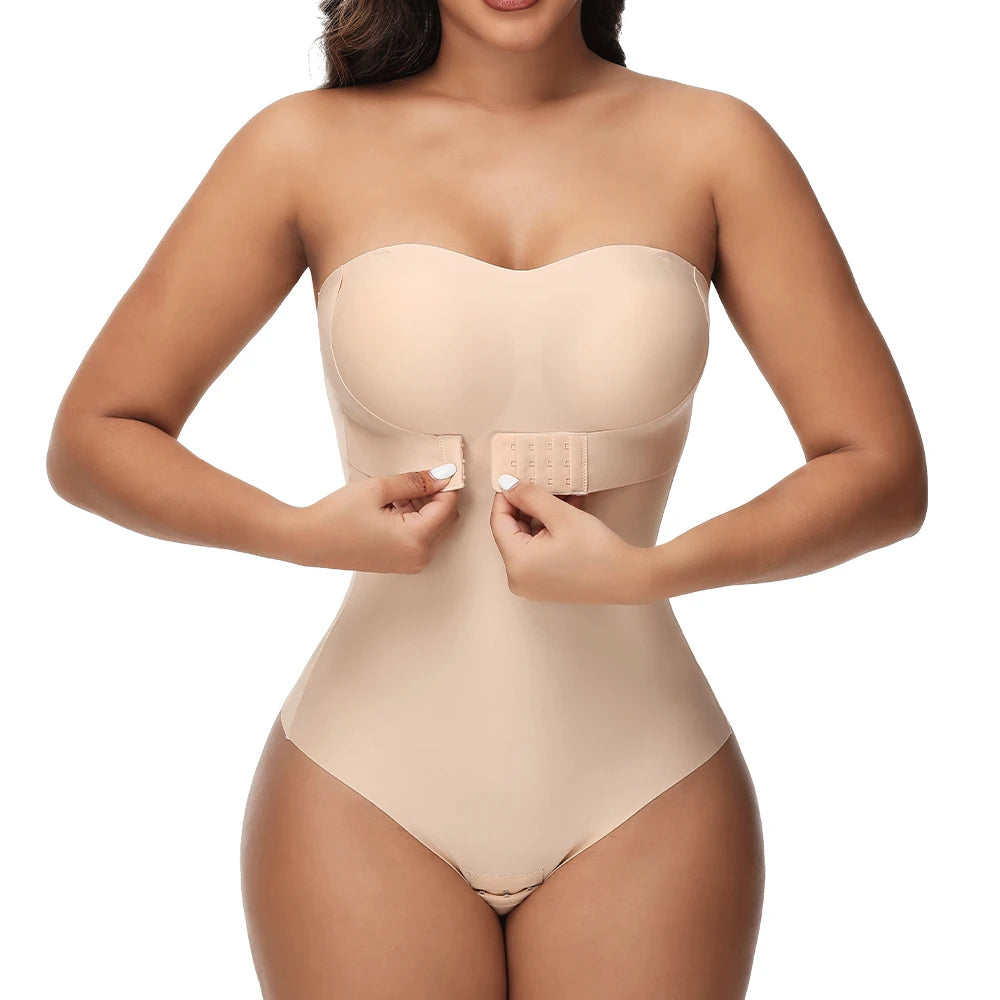 Strapless Bodysuit Off Shoulder Bustier Tube Top Women Front Closure Tummy Control Shapewear Removable Padded Underwear S-4XL