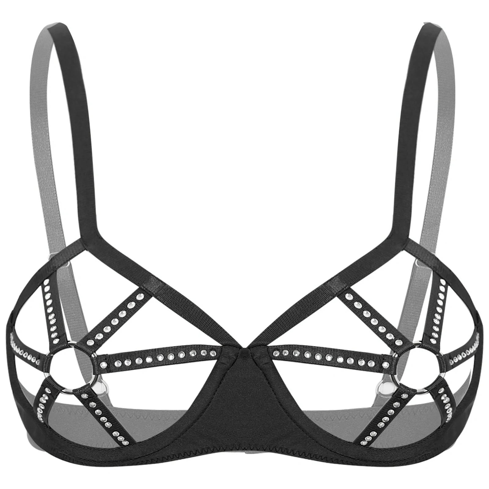 Womens Sexy Lingerie See Through Underwired Bra Balconette Adjustable Straps Shiny Rhinestones O-ring Cutout Cup Push Up Bra Top