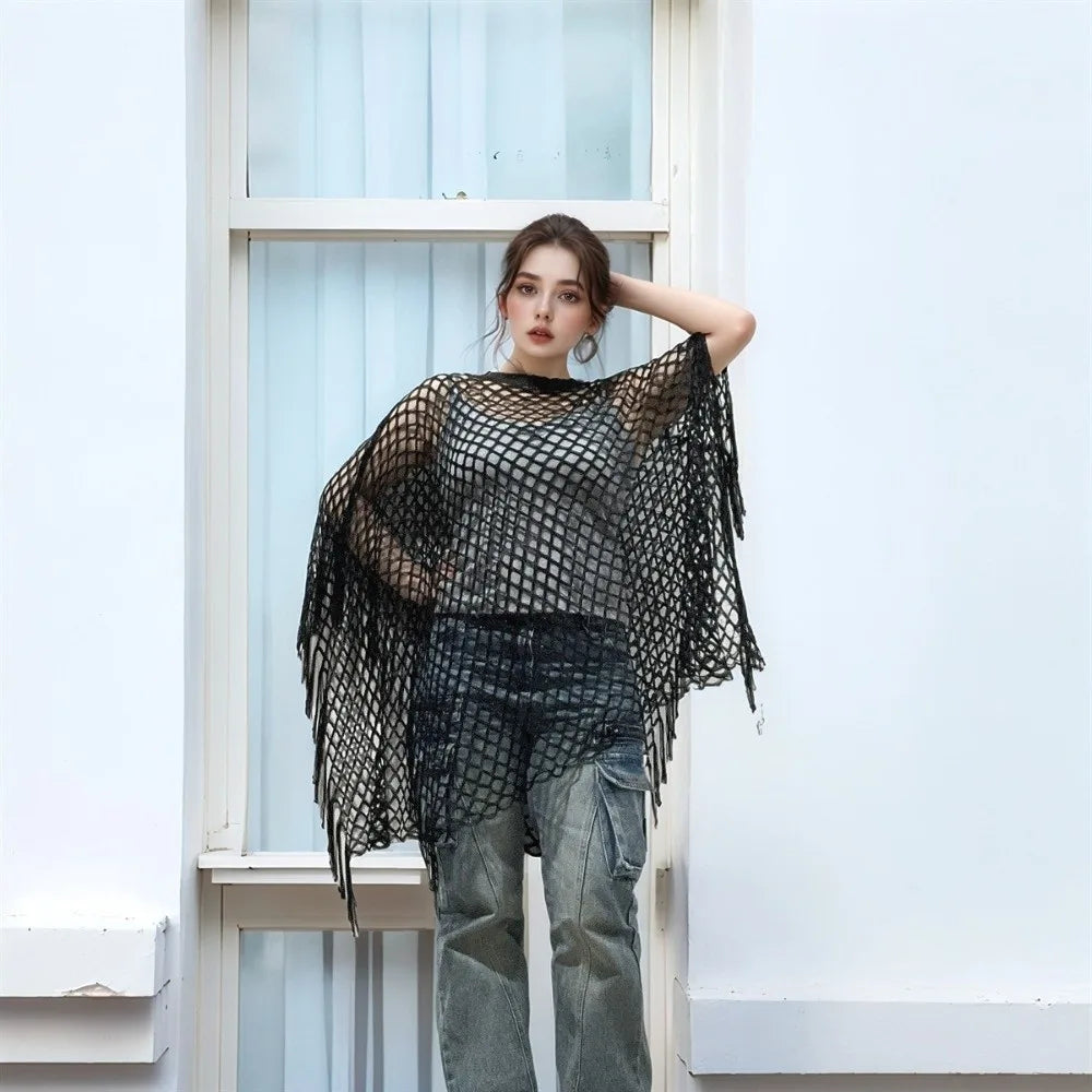 Fashion Tassel Sunscreen Cover-up Loose Fit Plus Size Bohemian Shawl Casual Crochet Fishnet Swimsuit Cover Up Summer